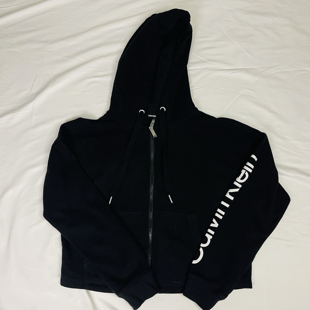 Calvin Klein Performance Womens Cropped Full Zip Hoodie Logo Sleeve Black S